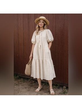 English Factory Plaid Puff-Sleeve Tiered Midi Dress in Beige and Black Sz. XS